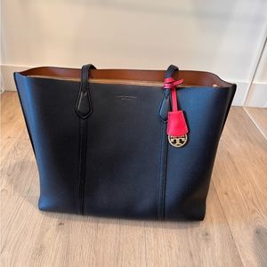Tory Burch Perry Leather Tote Bag. Black exterior, Camel interior.